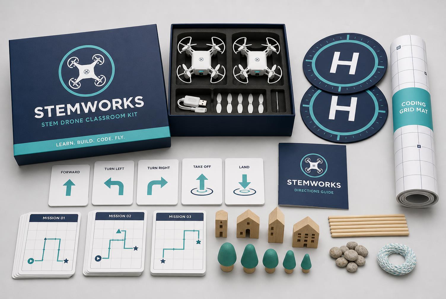 An open DroneDash STEMWORKS classroom kit showing protected microdrones, landing pads, a coding grid mat, command cards and mission materials